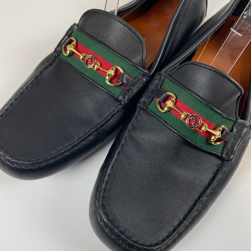 GUCCI Black Leather Driving Loafer Flat LOGO Horsebit Green Red Stripe MENS 11 - Picture 2 of 13